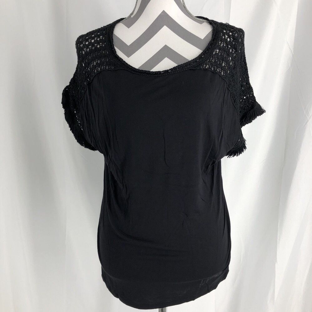 Loft Womens Small Top Black Short Crochet Sleeves Cotton Rayon